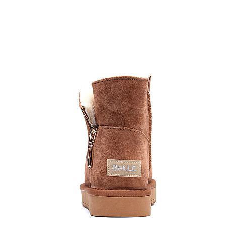 BELLE/百丽冬季专柜同款棕色牛剖层皮革雪地靴女皮靴R6R1DDD7