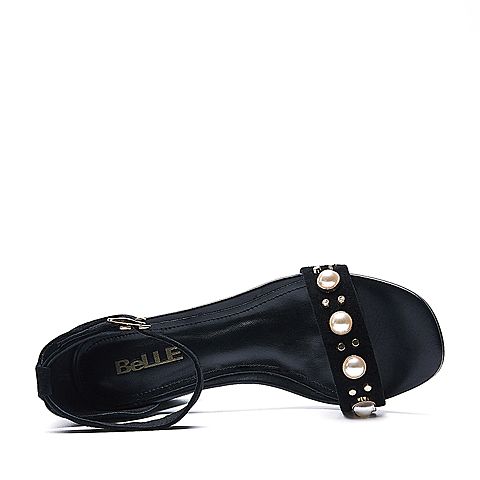 BELLE/百丽夏季专柜同款黑色羊绒皮革女凉鞋R5E1DBL7