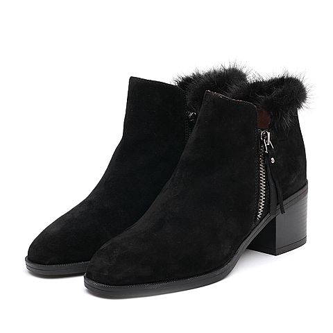 BELLE/百丽冬季专柜同款黑色羊绒皮女皮鞋BYE23DM7