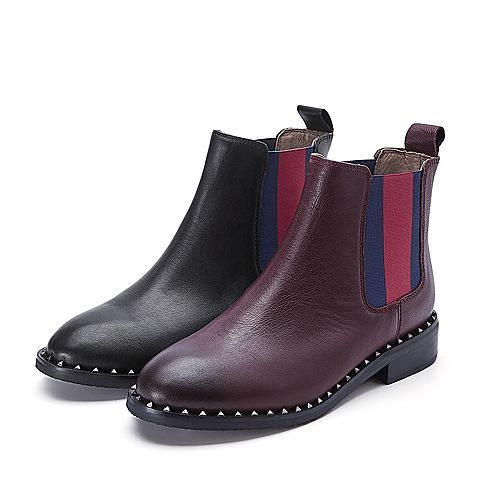 BELLE/百丽冬季专柜同款黑色油皮牛皮女短靴BKD52DD7