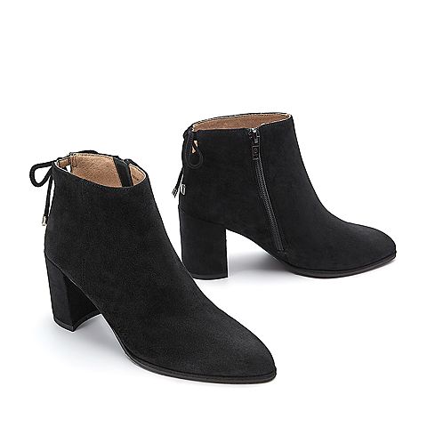 BELLE/百丽冬季专柜同款黑色羊绒皮女短靴BRY41DD7