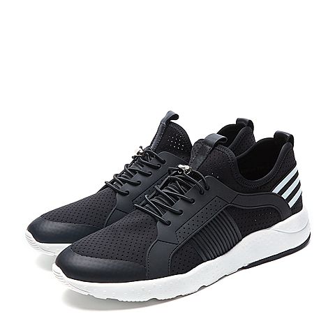 BELLE/百丽夏季专柜同款黑色弹力布/牛皮革男休闲鞋4ZM01BM7