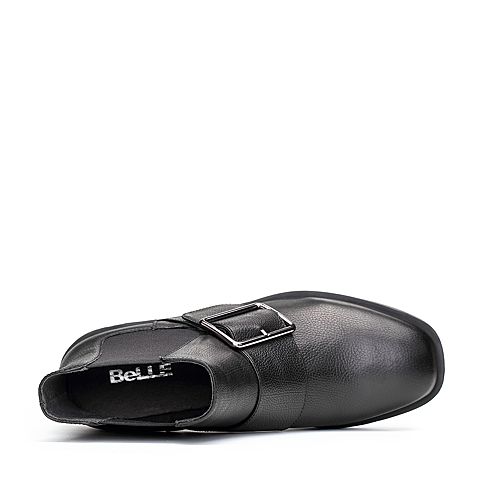 BELLE/百丽冬季专柜同款黑色摔纹油蜡小牛皮女短靴BQV55DD7