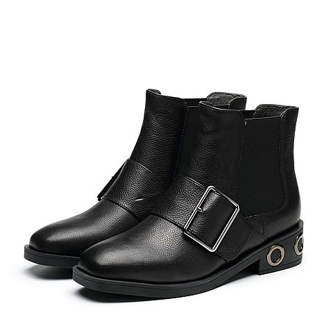 BELLE/百丽冬季专柜同款黑色摔纹油蜡小牛皮女短靴BQV55DD7