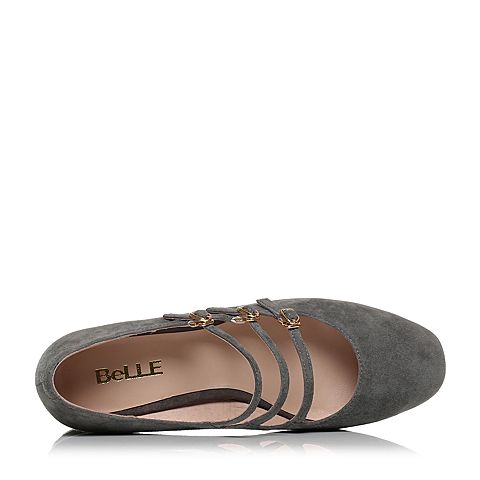 BELLE/百丽秋灰色时尚复古羊绒皮女单鞋66306CQ7