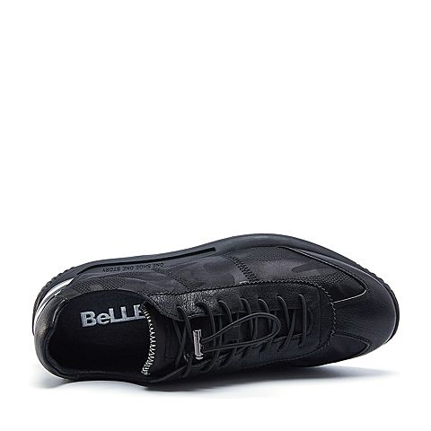 BELLE/百丽夏季专柜同款黑色编织布/牛皮男休闲鞋4XN11BM7