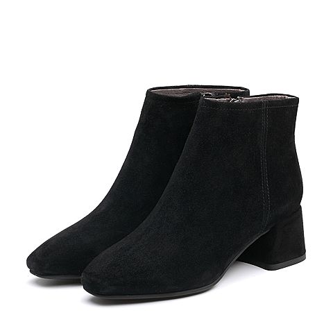 BELLE/百丽冬季专柜同款黑色羊绒皮女短靴BPC40DD7
