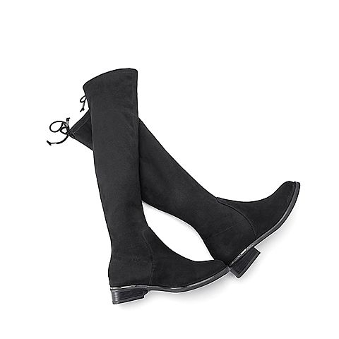 BELLE/百丽冬季专柜同款黑色羊绒皮高筒靴女皮靴BRR80DC7