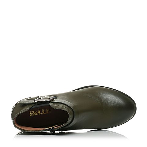 BELLE/百丽冬军绿色经典摔纹油皮牛皮女短靴BJH49DD7