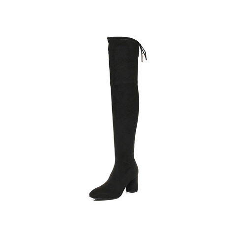 BELLE/百丽瘦瘦靴冬黑色优雅时尚弹力绒布女长靴BVL80DC7