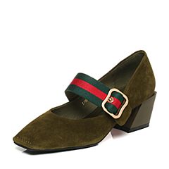 Belle/百丽秋绿色优雅复古羊皮撞色织带玛丽珍鞋女单鞋18863CQ7