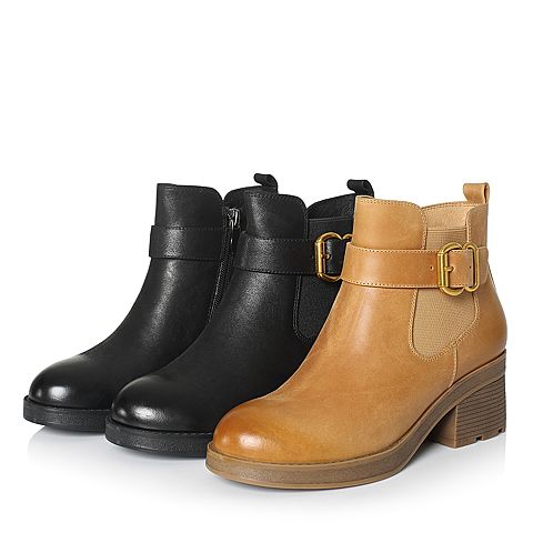 BELLE/百丽冬季专柜同款土黄油蜡牛皮女短靴R7Z1DDD7