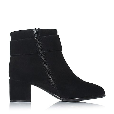 BELLE/百丽冬季专柜同款黑色羊绒皮女短靴R7D1DDD7