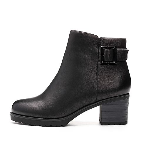 BELLE/百丽冬季专柜同款黑色打蜡磨砂牛皮女皮靴（毛里）R7V3DDD7