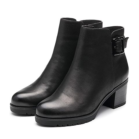 BELLE/百丽冬季专柜同款黑色打蜡磨砂牛皮女皮靴（毛里）R7V3DDD7