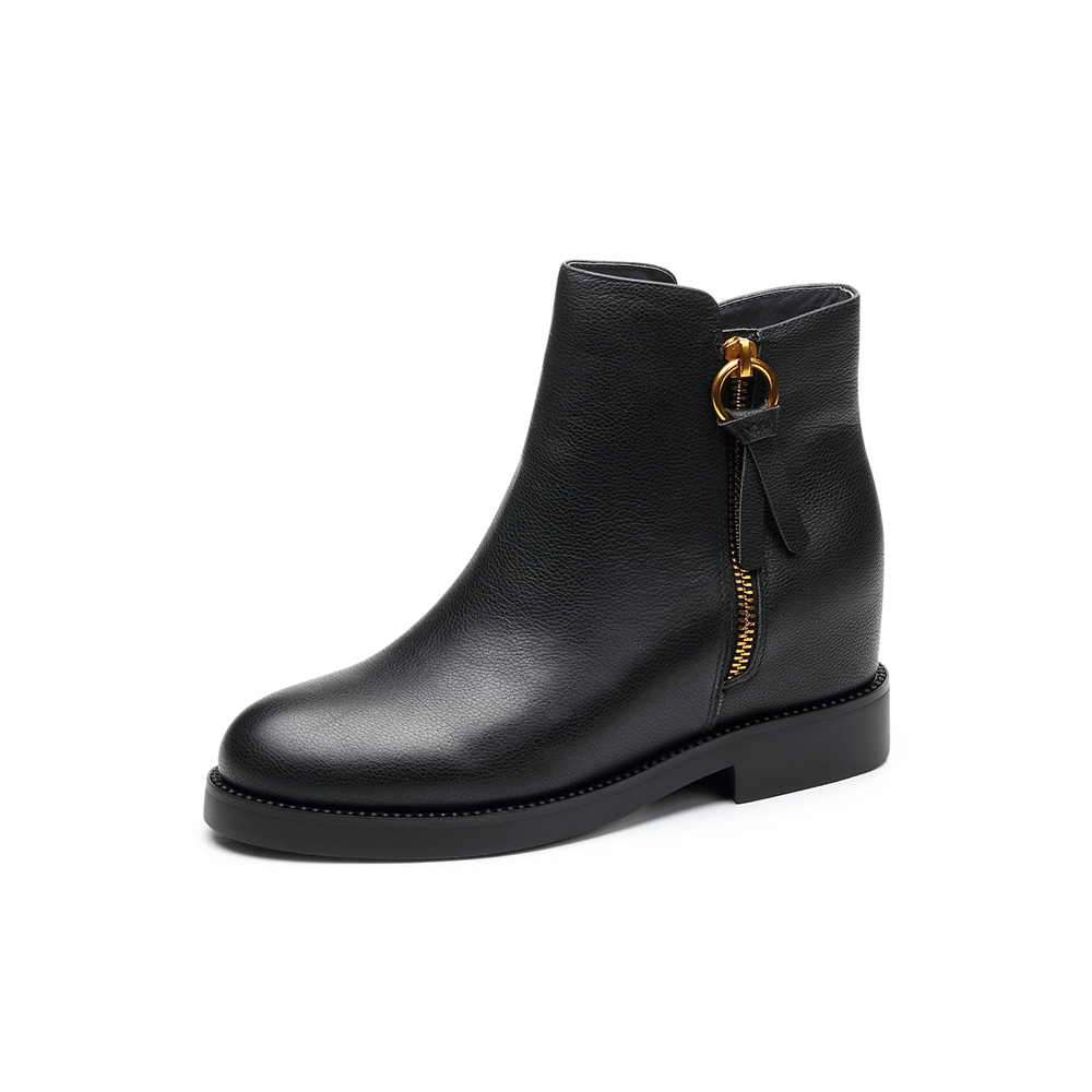 BELLE/百丽冬季专柜同款黑色摔纹胎牛皮革女皮靴（绒里）R7N1DDD7
