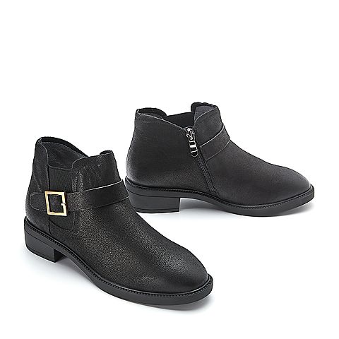 BELLE/百丽冬季专柜同款黑色蜡摔纹牛皮女短靴R7Q1DDD7