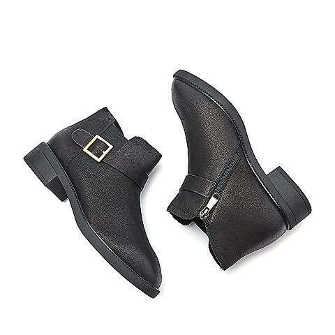 BELLE/百丽冬季专柜同款黑色蜡摔纹牛皮女短靴R7Q1DDD7