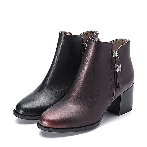 BELLE/百丽冬季专柜同款黑色牛皮女短靴（绒里）BRB42DD7