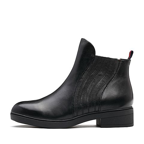 BELLE/百丽冬季专柜同款黑色牛皮女短靴BVE44DD7