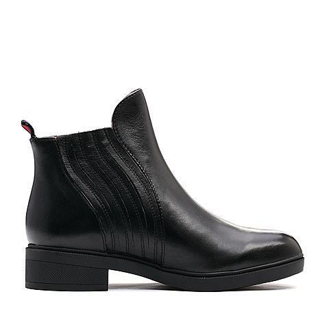 BELLE/百丽冬季专柜同款黑色牛皮女短靴BVE44DD7
