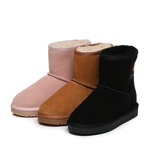 BELLE/百丽冬棕色时尚保暖雪地靴牛剖层皮女短靴17406DD7