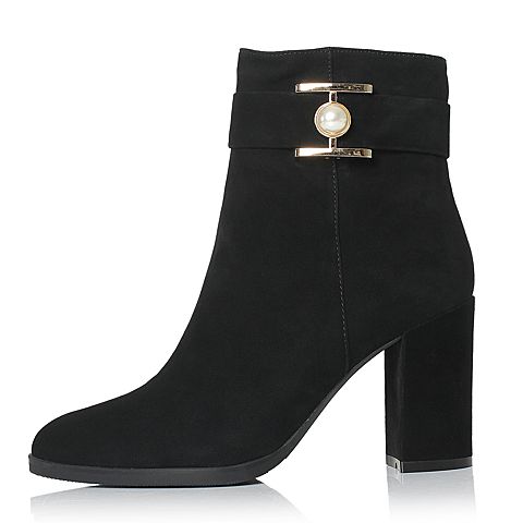BELLE/百丽冬季专柜同款黑色羊绒皮女短靴R7K1DDD7