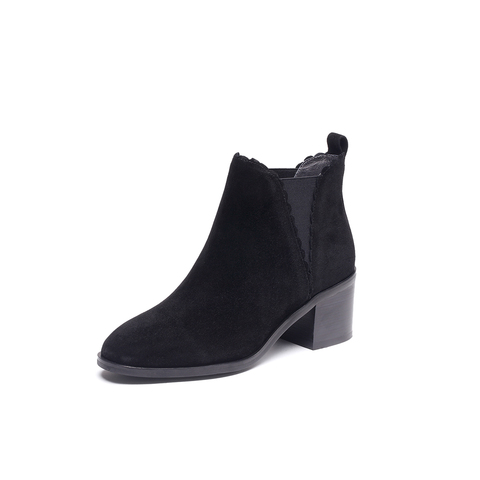 BELLE/百丽冬季专柜同款黑色羊绒皮/橡筋女短靴R7X1DDD7