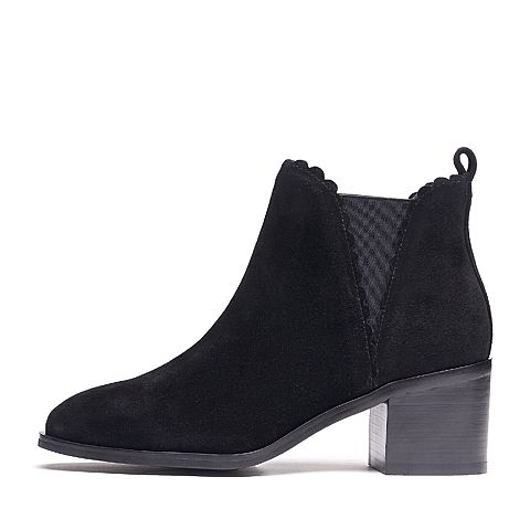 BELLE/百丽冬季专柜同款黑色羊绒皮/橡筋女短靴R7X1DDD7