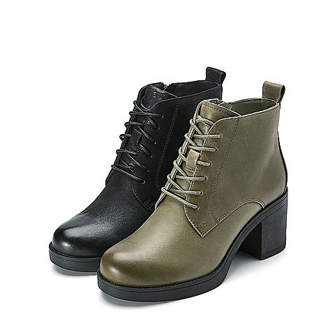 BELLE/百丽冬季专柜同款军绿牛皮粗跟女短靴R8A1DDD7