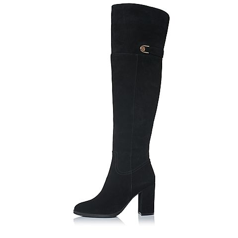 BELLE/百丽冬季专柜同款黑色羊绒皮女长靴(绒里)R7K3DDC7