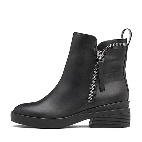BELLE/百丽冬季专柜同款黑色油皮牛皮女短靴(绒里）BXW42DD7