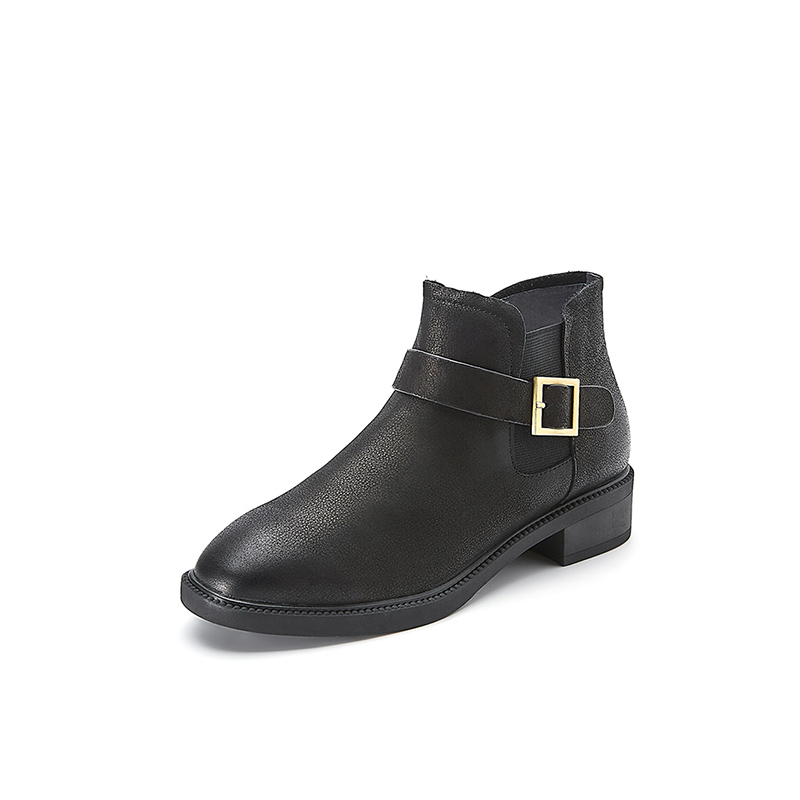 BELLE/百丽冬季专柜同款黑色蜡摔纹牛皮女短靴（绒里）R7Q1DDD7