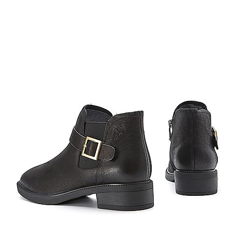 BELLE/百丽冬季专柜同款黑色蜡摔纹牛皮女短靴（绒里）R7Q1DDD7