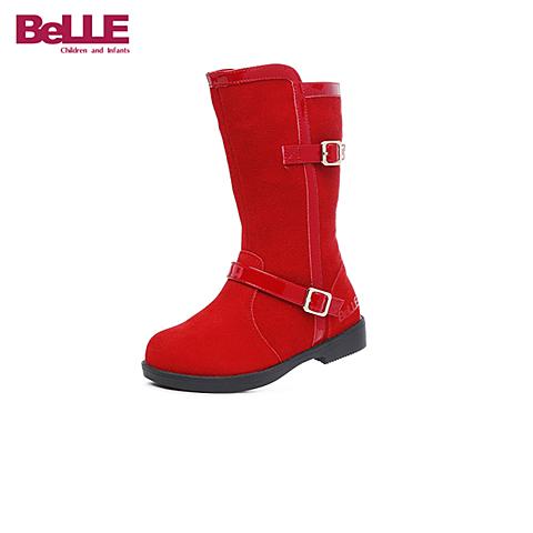 BELLE/17年冬季款时尚女童简约大气搭扣牛皮女童靴双色可选DE0496