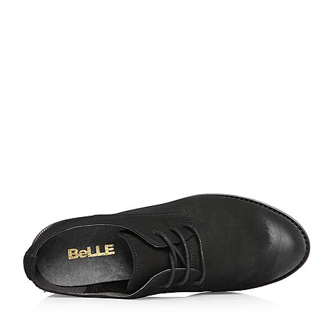 BELLE/百丽专柜同款黑色英伦风珠光磨砂牛皮满帮女单鞋BAS22AM8