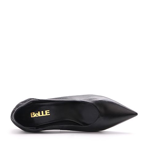 BELLE/百丽专柜同款黑色羊皮女尖头小V口猫跟鞋单鞋S3C1DAQ8