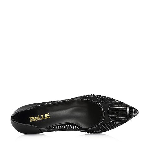 BELLE/百丽专柜同款黑色人造革/网/牛皮尖头粗跟女单鞋S3A1DAQ8