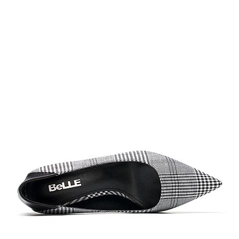 BELLE/百丽专柜同款黑格子纺织品/牛皮革女单鞋BRX02AQ8