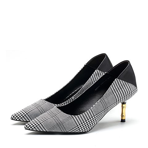 BELLE/百丽专柜同款黑格子纺织品/牛皮革女单鞋BRX02AQ8
