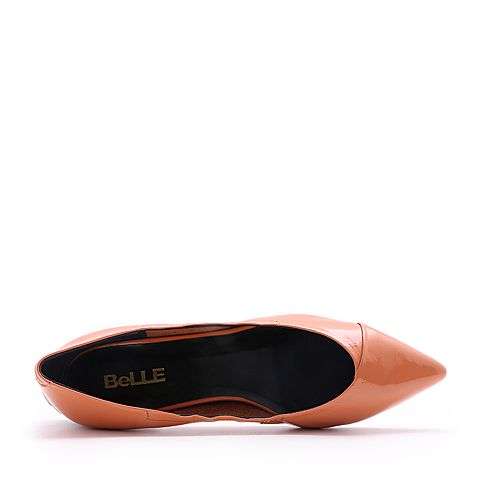 BELLE/百丽橙色皱漆皮牛皮浅口低跟尖头女单鞋18131AQ8