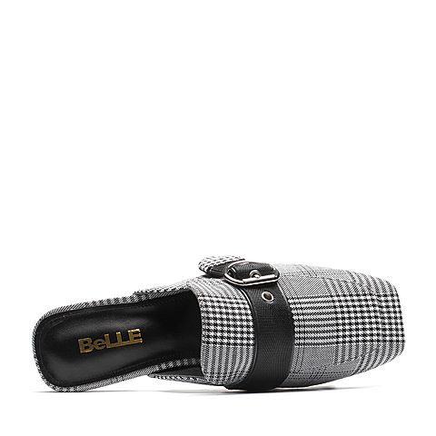 BELLE/百丽专柜同款黑色格子布后空女凉鞋穆勒鞋BTQ38BH8