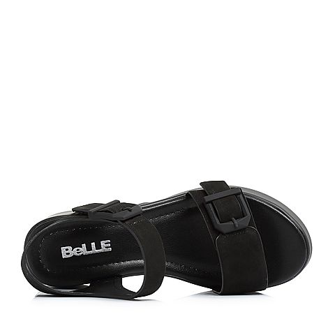 BELLE/百丽专柜同款黑色磨砂牛皮革厚底女皮凉鞋BQL33BL8