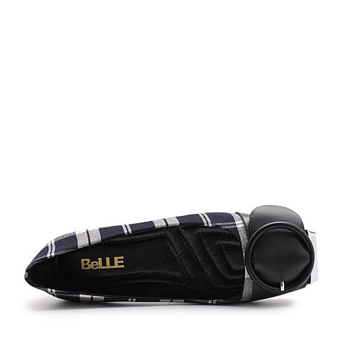 BELLE/百丽专柜同款黑色格子布/胎牛皮革女休闲鞋S5E1DAQ8