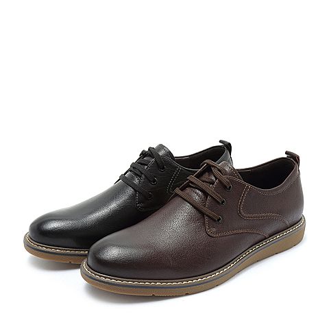 BELLE/百丽秋专柜同款黑色打蜡牛皮革系带男皮鞋B3H10CM8