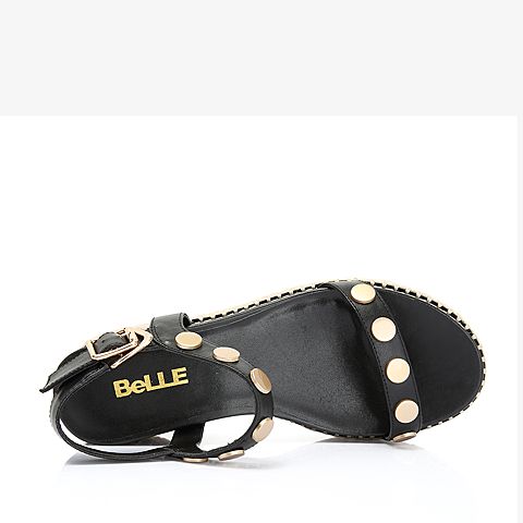 BELLE/百丽专柜同款黑色牛皮革厚底女凉鞋S6W1DBL8