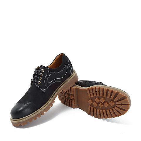 BELLE/百丽商场同款黑色油皮磨砂牛皮革系带男皮鞋B6203CM8