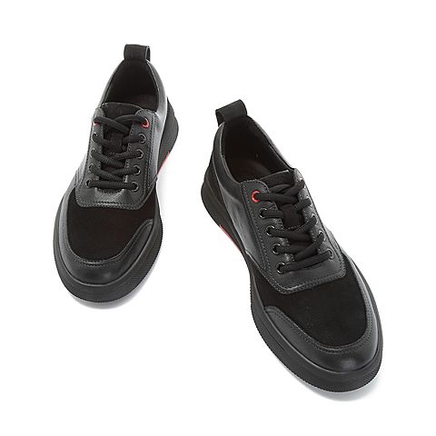 BELLE/百丽商场同款黑色牛皮革系带板鞋男休闲鞋5UC01CM8
