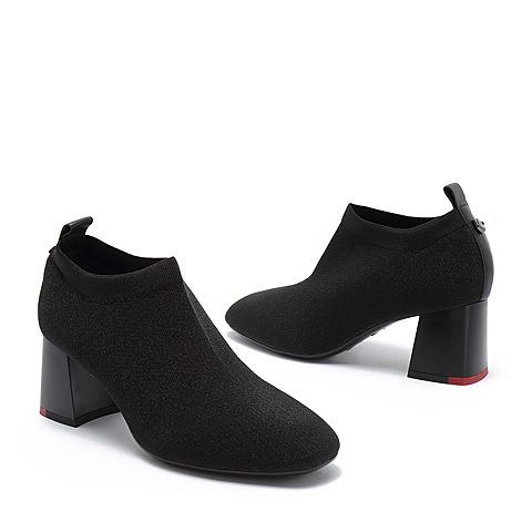 BELLE/百丽专柜同款黑色闪光弹力布粗高跟袜鞋女单鞋BC220CM8