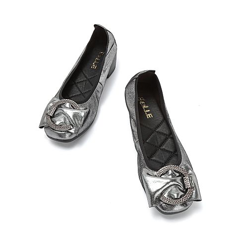 BELLE/百丽专柜同款金属装饰银灰羊绒贴膜瓢鞋女单鞋BUH03CQ8